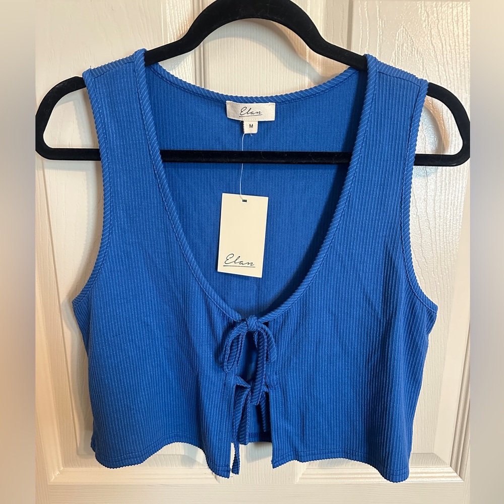 Elan Double Tie-Front Sleeveless Round V-Neck Crop Top, Vibrant Blue, Sz M, NWT